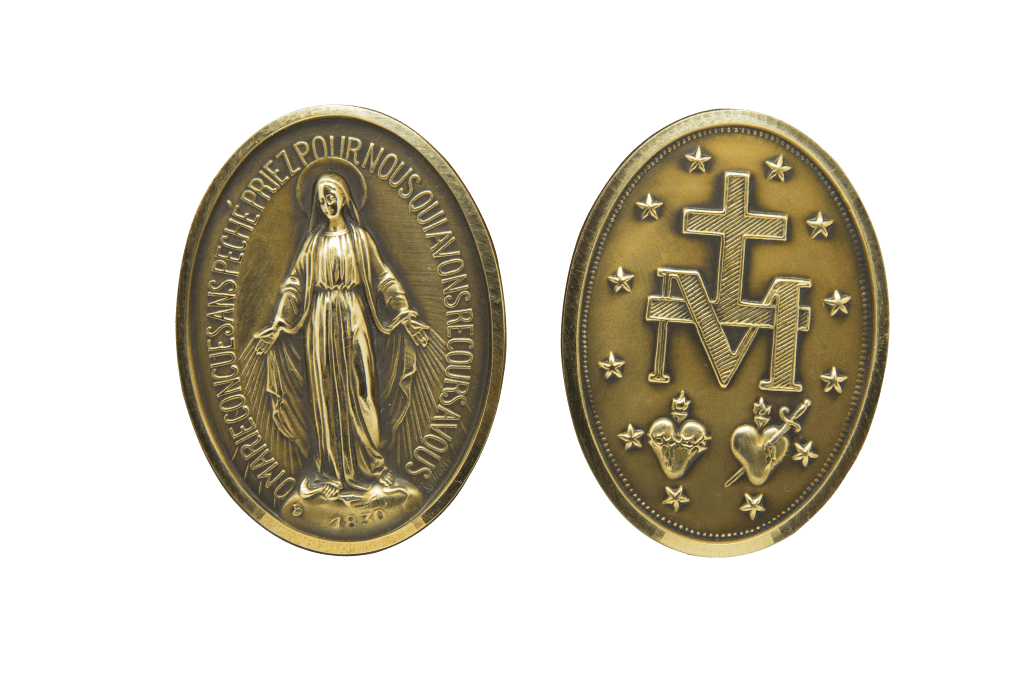 Die zwei Heiligen Herzen in einer Medaille Medaille des Heiligen Herzens Jesu und Mariens 